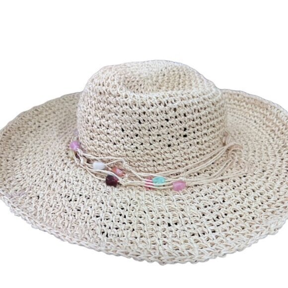 Boho Wide Brim Sun Hat Beaded Brim Trim Beach Pool Vacation Travel Cottage Coast - Picture 6 of 12